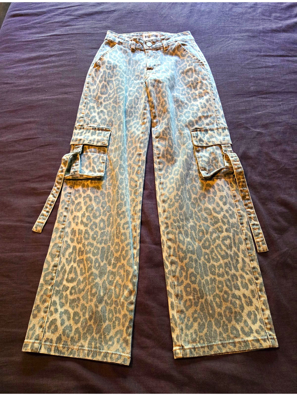 Disclosure Brown Leopard Print Denim Cargo Pants Wide-Leg Pockets Size 00